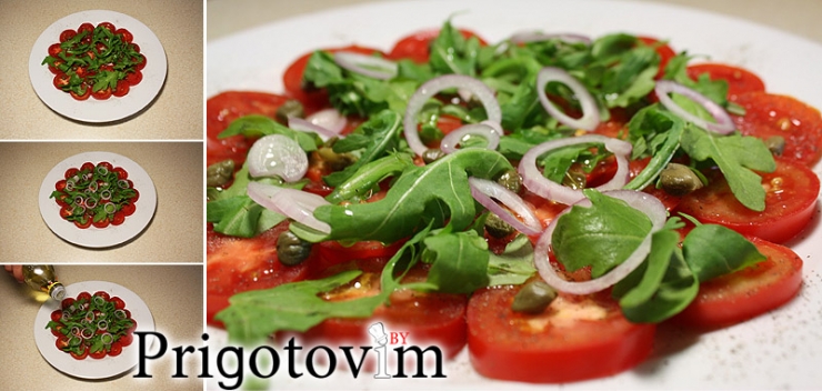 Добавление рукколы, красного лука и оливкового масла шаг 3